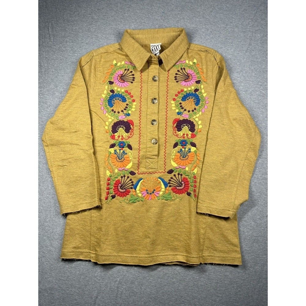 Sister Mary Isabel Embroidered Flowers Yellow Long Sleeve Top Collared XS
